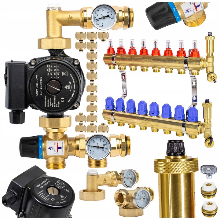 Set complet pentru incalzire in pardoseala, DAMIX, 8 oboade, pompa 3 trepte, manere din alama, 16 conectori EUROKONUS