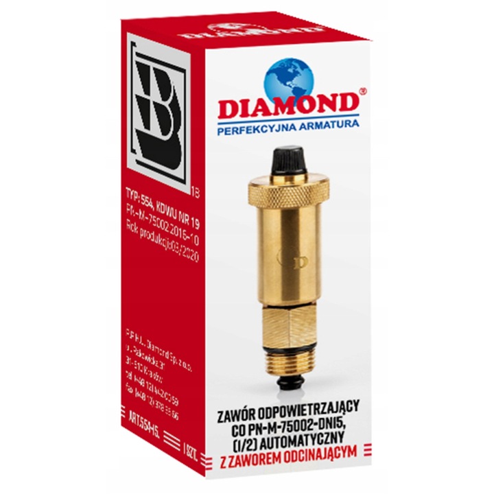 Zavor automat de aerisire vertical 1/2", Diamond, cu supapa de inchidere, 33x101mm, din alama