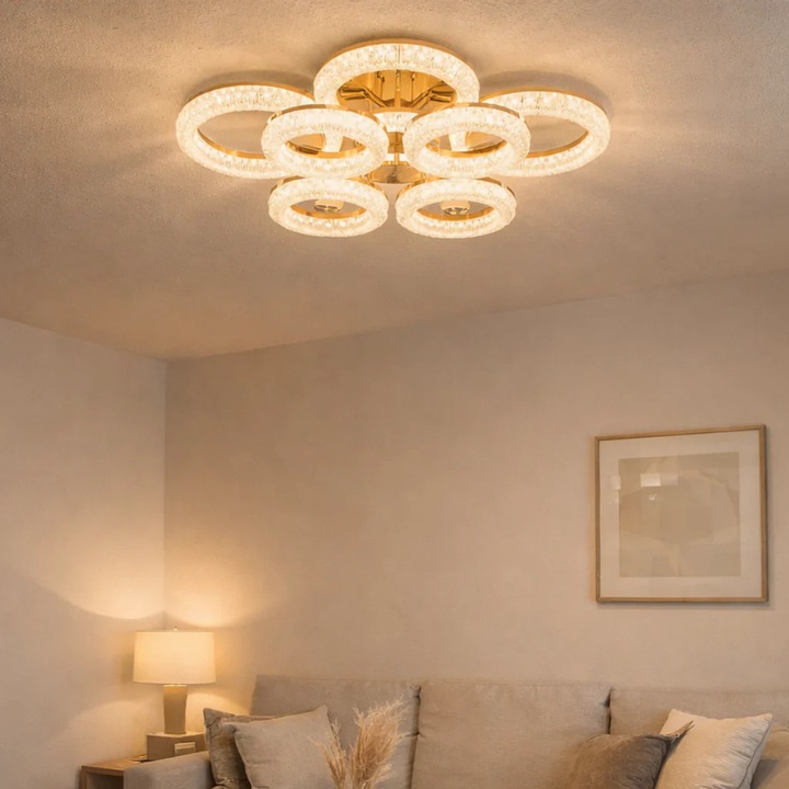 Lustra LED RFAN, Model K3536/4+4GD, Cu Telecomanda, 3 Tipuri De Lumina, Intensitate Reglabila, 240W, Auriu