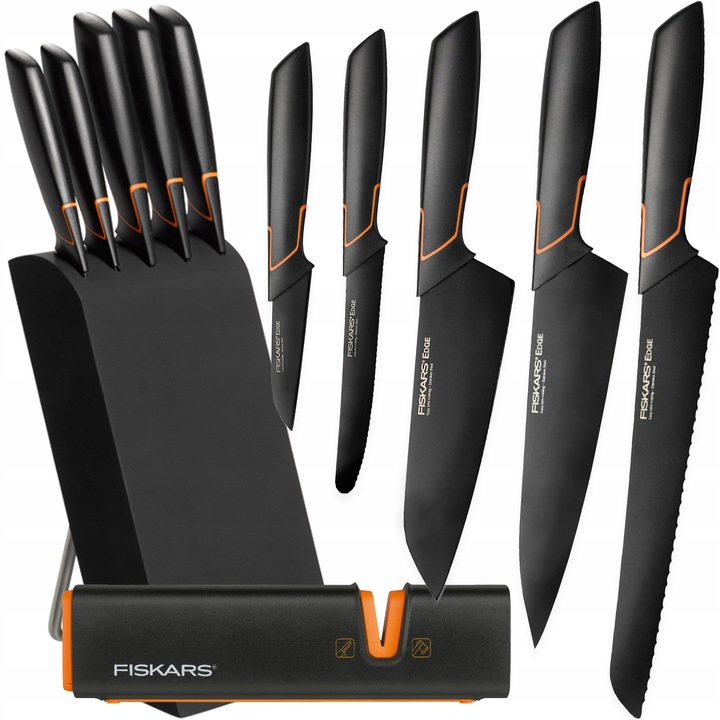 Set de cutite Fiskars Edge 5 piese, inox, bloc din lemn, usor de curatat, rezistent la coroziune