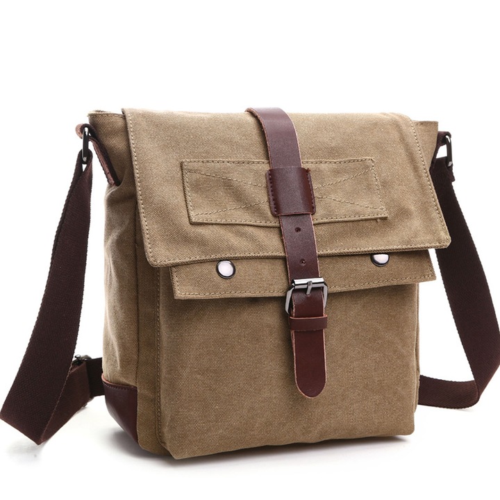 Férfi válltáska, asskanaer, Crossbody, Állítható vállpánt, Biztonságos cipzár, Lopásgátló, Vízálló, Telefon, Szemüveg, Kis tabletek tárolására alkalmas, Utazáshoz, nyaraláshoz, Vászon, 24*9,5*28 cm, Kaki