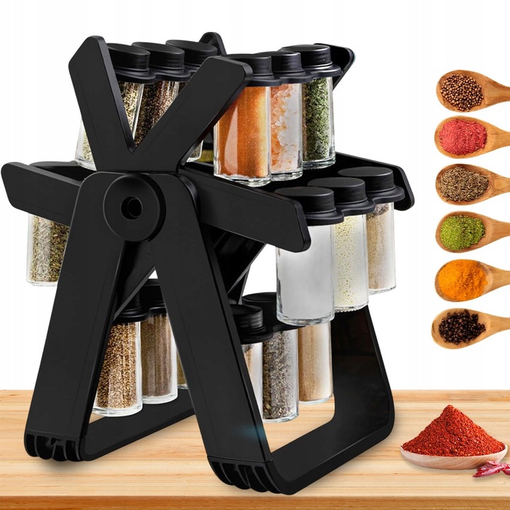 Въртящ се органайзер за подправки, BEDEE, 18 бурканчета, черен, 34x26x23см