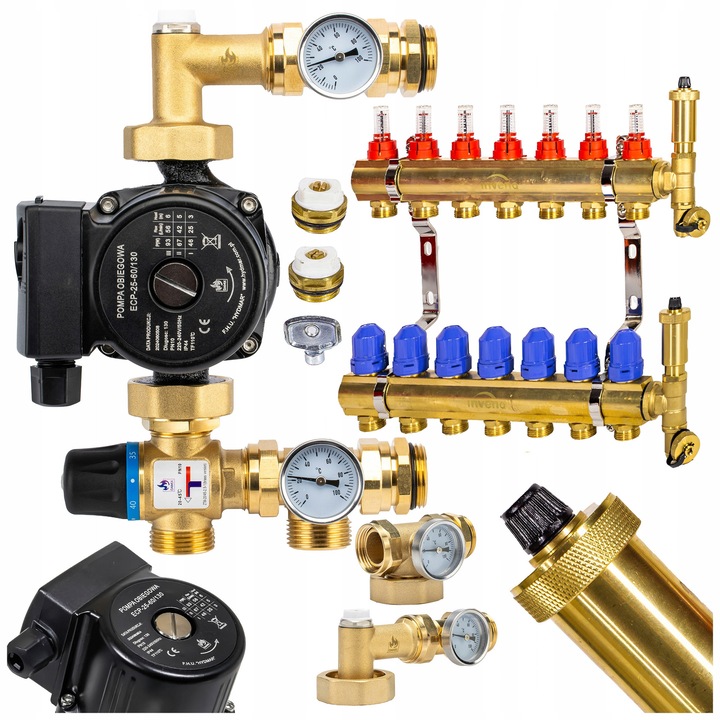 Пълен комплект за подово отопление DAMIX, смесен възел с помпа 3 степени, колектор 7 кръга, 20-45C, 210 мм, месингови дръжки