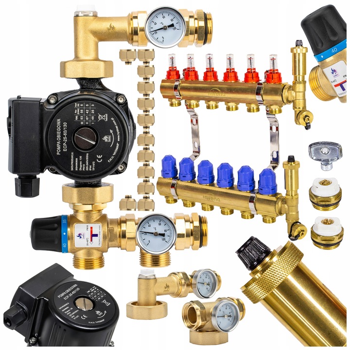 Set complet pentru incalzire in pardoseala, DAMIX, grupa mixta cu pompa 3 trepte, 6 circuite, 12 conectori EUROKONUS, 210mm, bronz