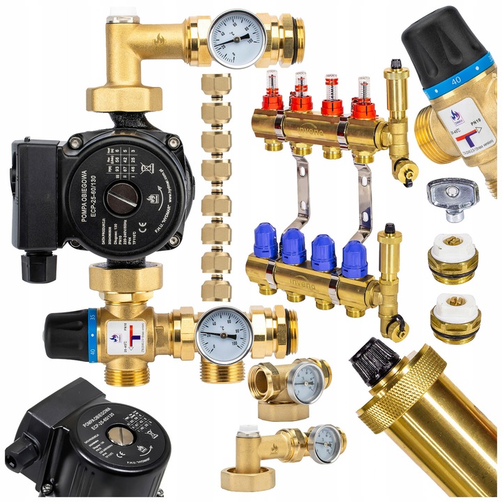 Set complet pentru incalzire in pardoseala, DAMIX, grupa mixta cu pompa 3 trepte, 4 circuite, 8 conectori EUROKONUS, 210mm, bronz