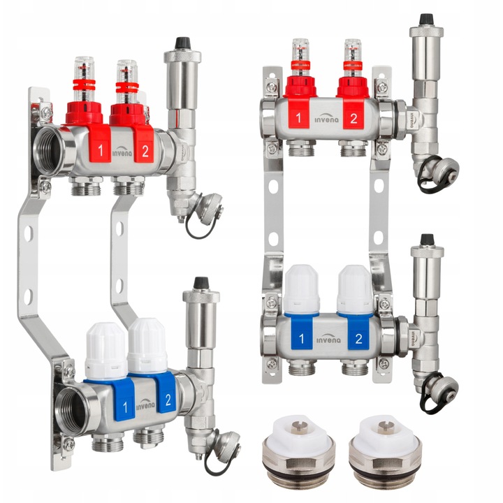 Distribuitor inox pentru incalzire in pardoseala INVENA 2 circuite, accesorii incluse, 90°C, 0,6 MPa