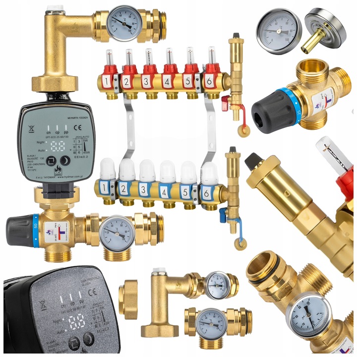 Set grupa mixta cu pompa DAMIX, 6 oboade, 20-45°C, 235mm, manere montaj, termometre 0-100°C