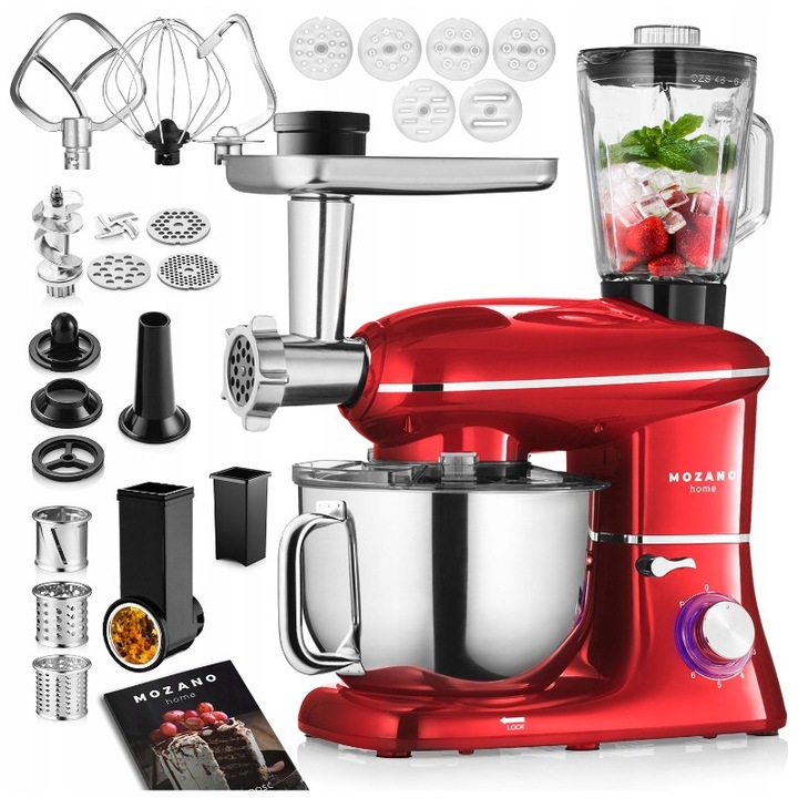 Mozano 2300 W konyhai robotgép, 6 az 1-ben szett, 6,2 L rozsdamentes acél tállal, 1,5 L üveg turmixgéppel, piros