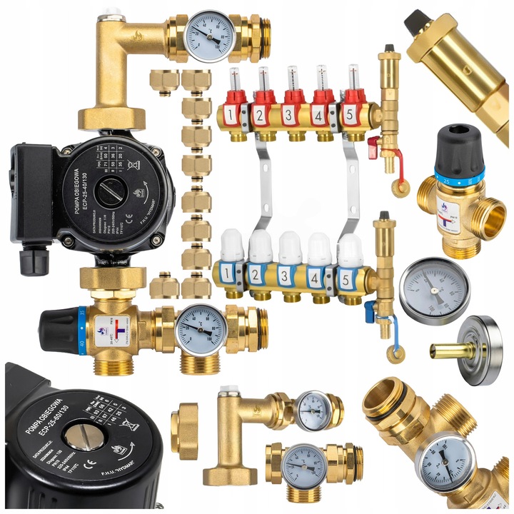 Set complet pentru incalzire in pardoseala DAMIX, grupa mixta cu pompa 3 trepte, 5 circuite, 20-45C, 235mm, manere de montaj, 10 euroconusuri.