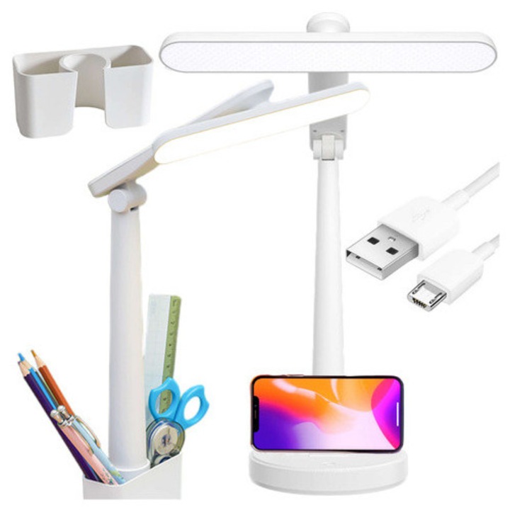 Lampa birou LED DeskLight Pro, alb, cu organizator si suport pentru telefon, 46 LED-uri, 3000K/4000K/6000K