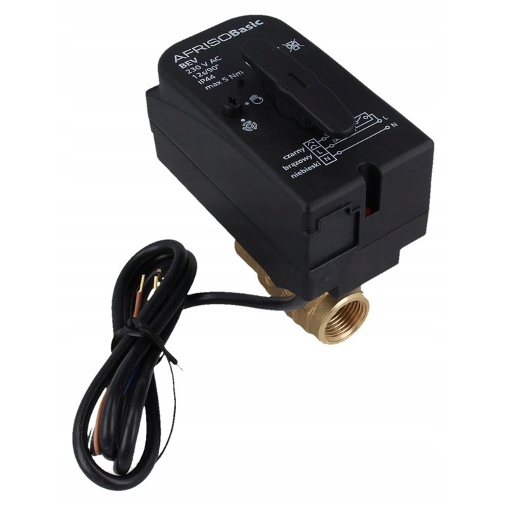 Afriso BEV 2-utas golyóscsap, 230 V NC elektromos szelepmozgató, DN15 (Rp½), Kvs 20 m³/h, CW617N sárgaréz test, max. 10 bar nyomás, 2-110°C hőmérséklet, IP44, 1 db