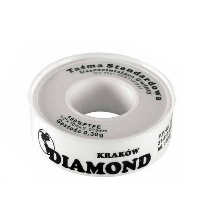 Banda teflonata Diamond 10m x 12mm pentru instalatii de apa, rezistenta, utilizare in conditii higienice