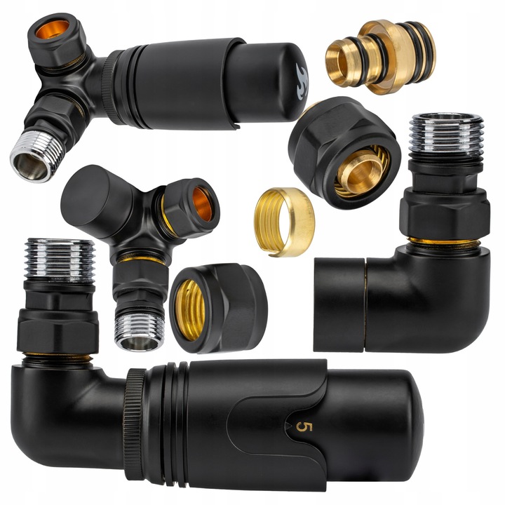 Set termostatic stanga DAMIX cu cap termostatic, negru mat, pentru radiatoare cu racord inferior, PEX 16mm, Cu 15mm