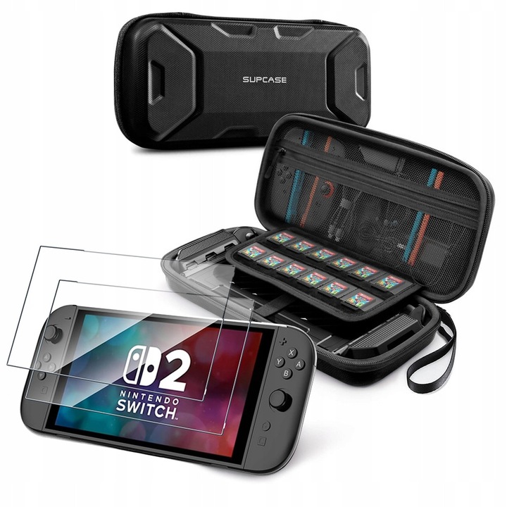 Set Accesorii Nintendo Switch 2, Etui Supcase Carrying Plus Black, 12 sloturi pentru jocuri, 2-pack sticla Tech-Protect
