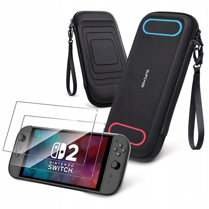 Set Etui Supcase Carrying Mini pentru Nintendo Switch 2, 12 sloturi pentru jocuri, 218x122x51mm, Negru + 2-pack sticla Tech-Protect