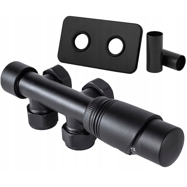 Set termostatic cu supapa unghiulara Damix, negru mat, pentru radiator 50mm, include cap termostatic si set de masca