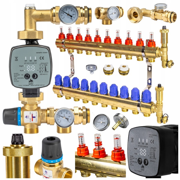 Set de incalzire in pardoseala DAMIX, 10 oboade, grupa de amestec din alama, pompa electronica, 20-45C, 210mm