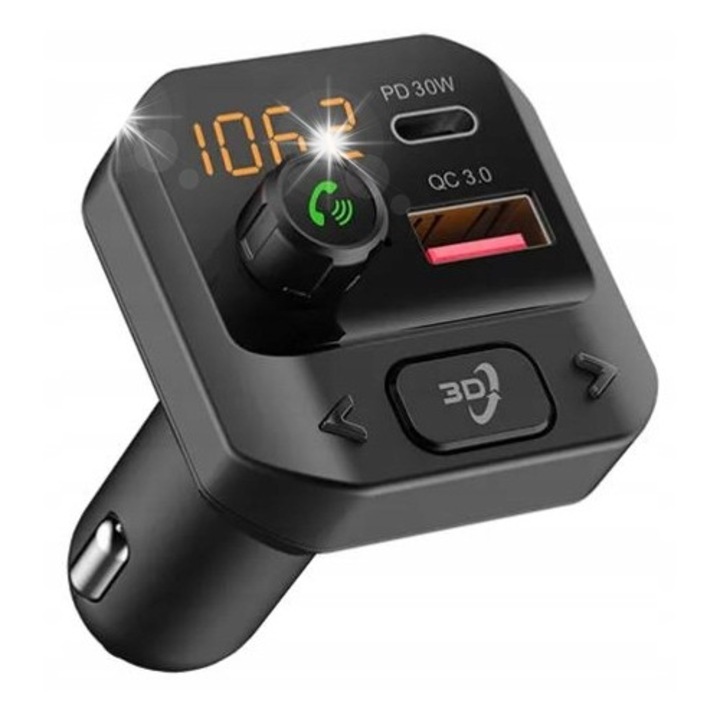 Transmitator Bluetooth FM auto, incarcator USB-C PD QC3.0, bass puternic