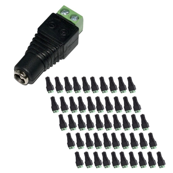 Set 50 conectori alimentare CCTV mama 2.1/5.5 mm cu prindere surub, adaptor alimentare camere supraveghere compatibil cablu alimentare sau UTP