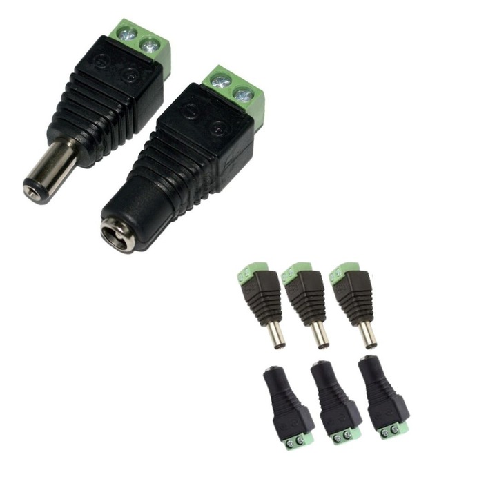 Set 3 conectori alimentare CCTV mama tata 2.1/5.5 mm cu prindere surub, adaptor alimentare camere supraveghere compatibil cablu alimentare sau UTP