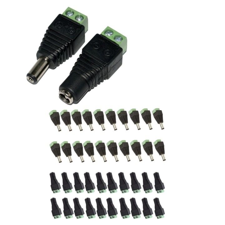 Set 20 conectori alimentare CCTV mama tata 2.15.5 mm cu prindere surub, adaptor alimentare pentru camere supraveghere compatibil cablu alimentare sau UTP