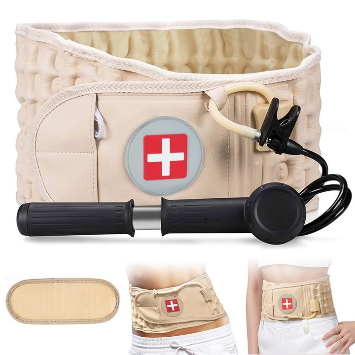 Centura de decompresie pentru spate, Bedee, khaki, 74x124cm, set cu pompa si curea de extensie