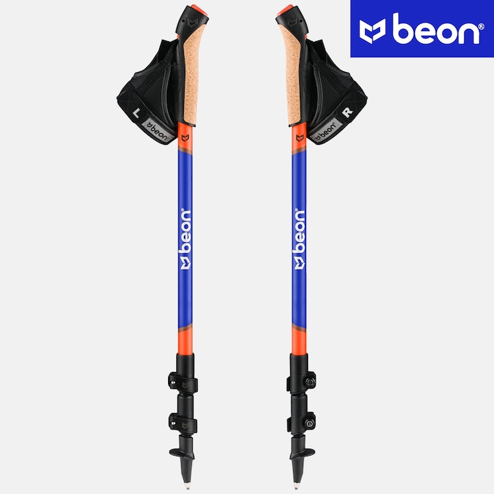 Set 2 kije nordic walking Beon NX4, 61-135 cm, albastru, 4x nasadki gumate, husa de depozitare