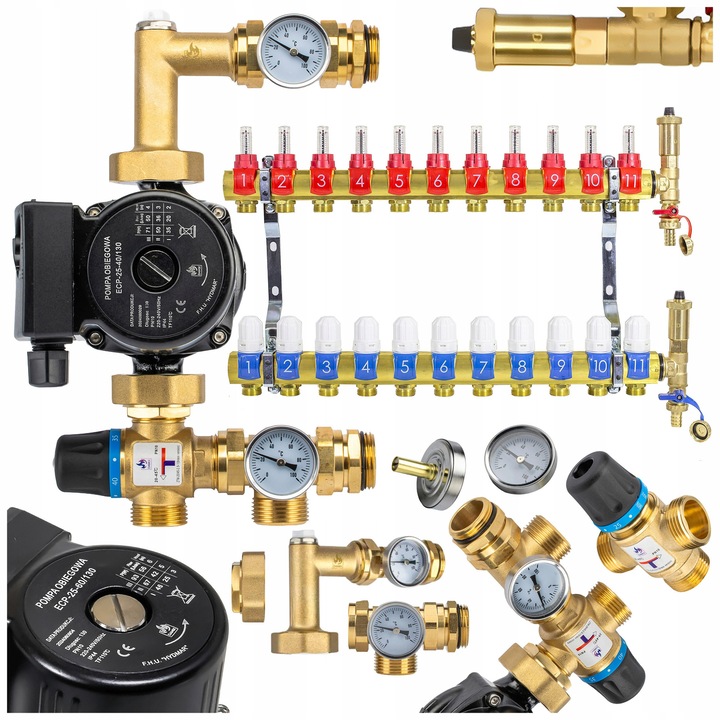 Set grupa mixta cu pompa si distribuitor 11 circuite DAMIX, 20-45C, mosiad, 235mm