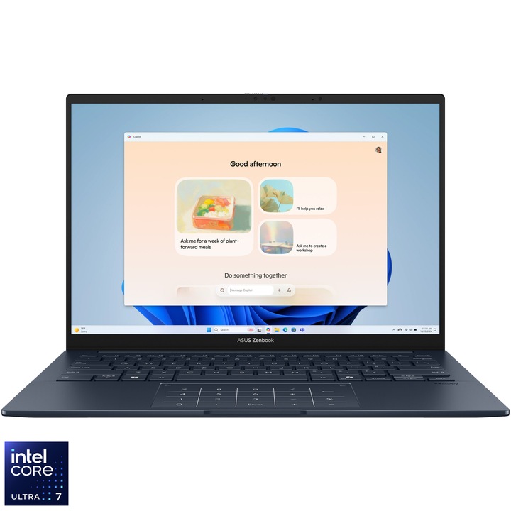 Laptop ASUS Zenbook 14 AX3405CA cu procesor Intel® Core™ Ultra 7 255H pana la 5.1GHz, 14'', 3K, OLED, 120Hz, 16GB LPDDR5X RAM, 1TB SSD, Intel® Arc™ Graphics, Windows 11 Home, Ponder Blue
