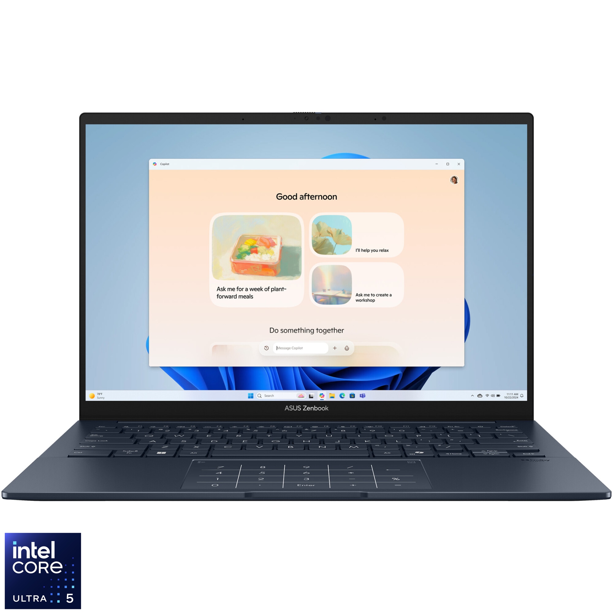 Laptop ASUS Zenbook 14 AX3405CA cu procesor Intel® Core™ Ultra 5 225H pana la 4.9GHz, 14'', 3K, OLED, 120Hz, 16GB LPDDR5X RAM, 512GB SSD, Intel® Arc™ Graphics, Windows 11 Home, Ponder Blue