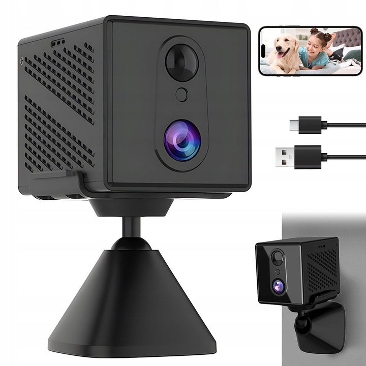 Camera mini wireless 5G, 2K QHD, detectie miscare, nocturna, neagra, set complet