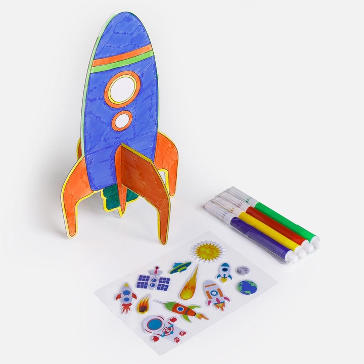 Set creativ 3D nava spatiala, 5 markere, autocolante, 10x18cm