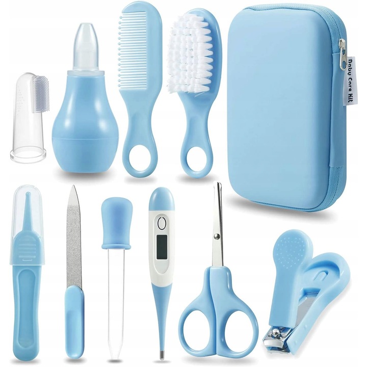 Set de ingrijire pentru bebelusi, 10 piese, etui inclus, albastru
