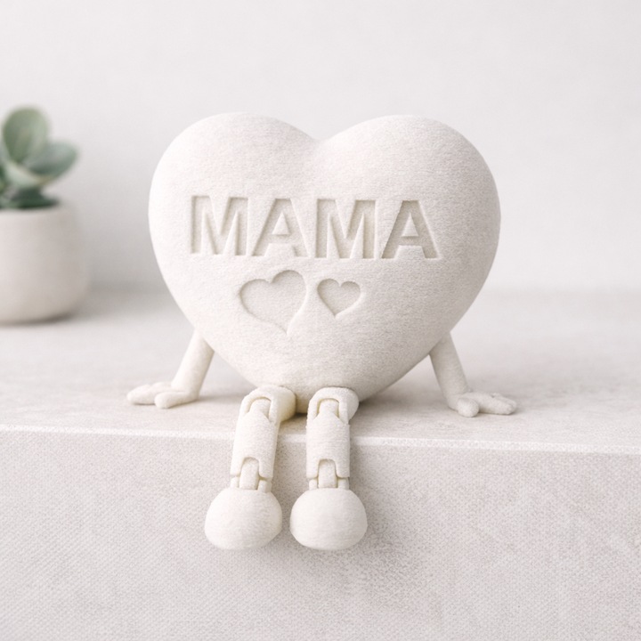 Cadou inimioara personalizata cu picioare flexibile, articulate si inima "Mama", decoratiune printata 3D, cadou pentru mame, Ziua Mamei, 1 Martie primavara, aspect alb fuzzy