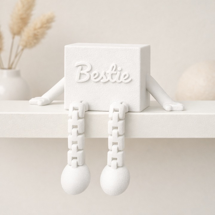 Cadou cub personalizat cu picioare flexibile, articulate si text "Bestie", decoratiune printata 3D, cadou amuzant pentru prieteni, aspect alb fuzzy, 8x8x3.5 cm, imprimat 3D PLA (bioplastic)