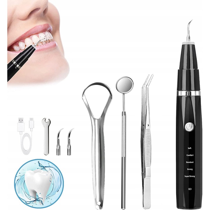 Fogtisztító készlet, 5 üzemmód, fekete, LED-del, vízálló, tartozékokkal