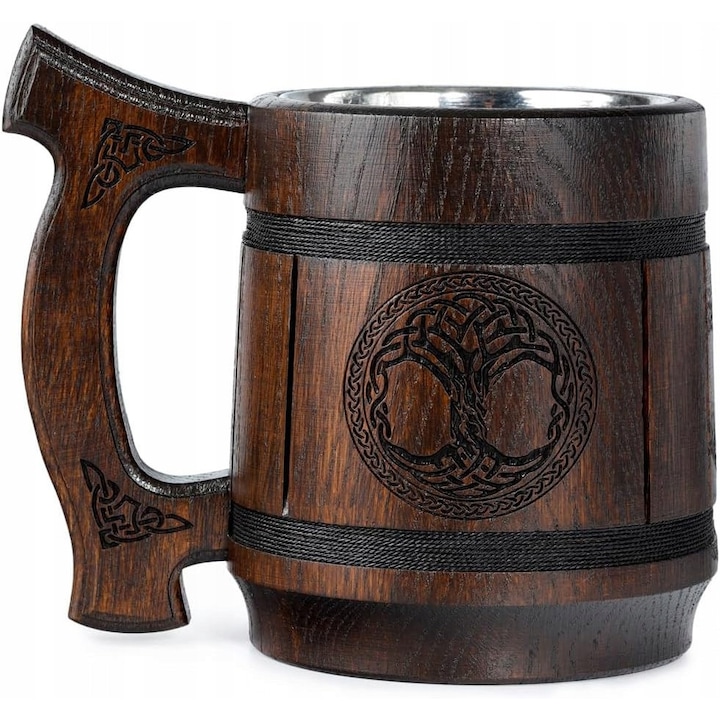 Kufel din lemn de stejar, 600 ml, cu insertie din otel inoxidabil, grawer "Drzewo Zycia", stil viking, set 1 buc.