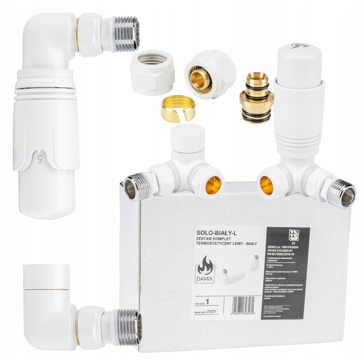 Set termostatic stanga, DAMIX, cu cap termostatic alb, racorduri PEX 16mm si Cu 15mm