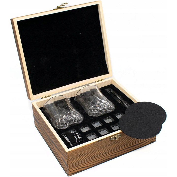 Set cadou whisky, 2 pahare, 8 cuburi de granit, suporturi, cleste, cutie din lemn, 22x19x9,5cm