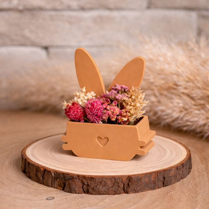Vaza decorativa iepuras cu inima "Mini", printata 3D, caramel mat, 8 x 11 x 1 cm, cadou Paste, suport plante uscate / artificiale / suculente - dimensiuni mici
