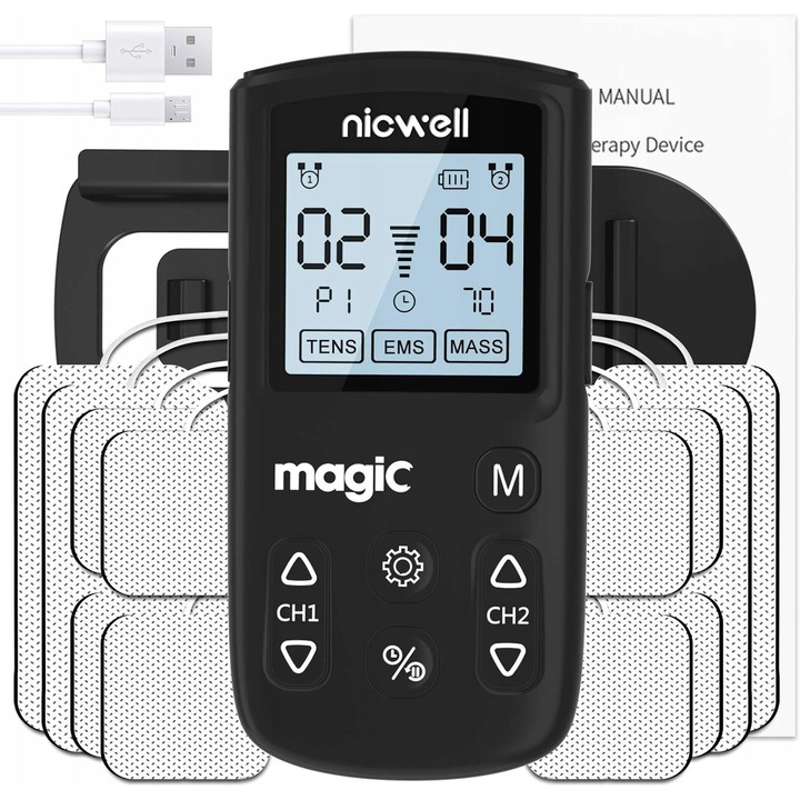 TENS EMS masszázskészülék 24 programmal, 12 elektródával, hordozható, izomfájdalmakra, többszínű