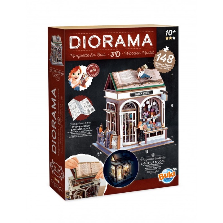 Set diorama BUKI France Biblioteca, 148 de piese, iluminare LED, 14, 5x16x18cm