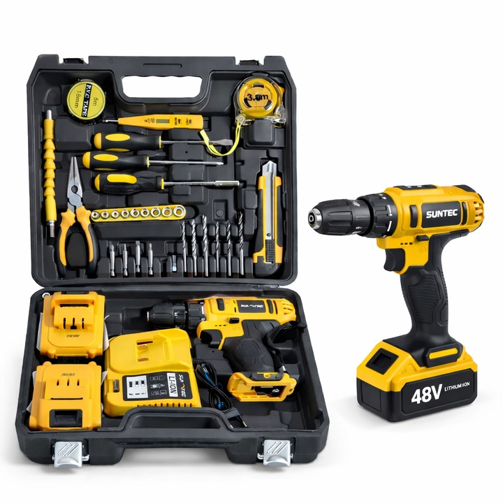 Masina de gaurit si insurubat cu acumulator 48V SunTec, 2 Acumulatori Li-Ion, 18 Trepte Cuplu, Mandrina Rapida, LED, Trusa Completa 30 Accesorii