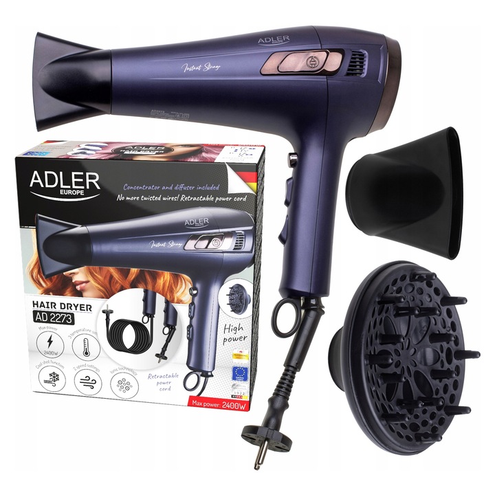 Сешоар ADLER AD2273, йонизация, прибиращ се кабел, тъмно лилав, 23x9x22.5см
