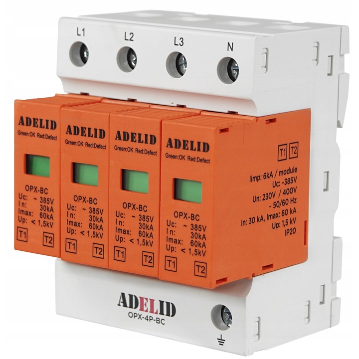 Limitator de supratensiune 4 poli ADELID B+C 30-60kA 385V pentru montaj pe sina TH35