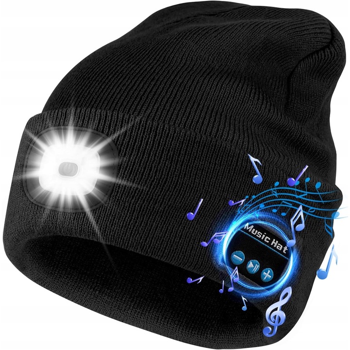 Caciula Bluetooth cu LED, neagra, set cu casti si cablu de incarcare USB