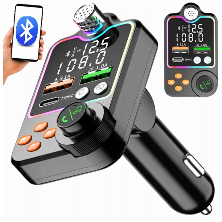 Transmitator Bluetooth auto, 3xUSB, audio FM, BT 5.0, incarcare, multicolor
