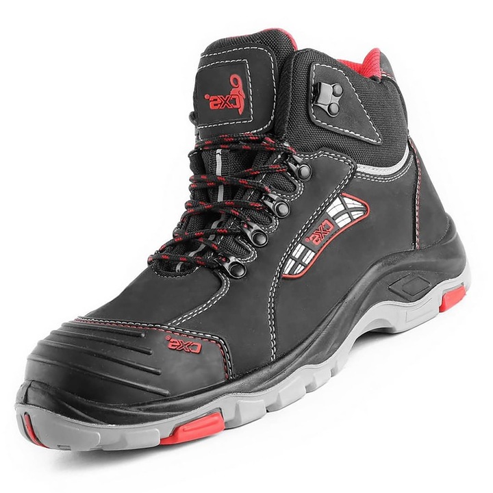Bocanci de lucru CXS Rock Diorit S3, impermeabili, cu bombeu de otel, negru cu rosu, piele nabuc, 46 EU