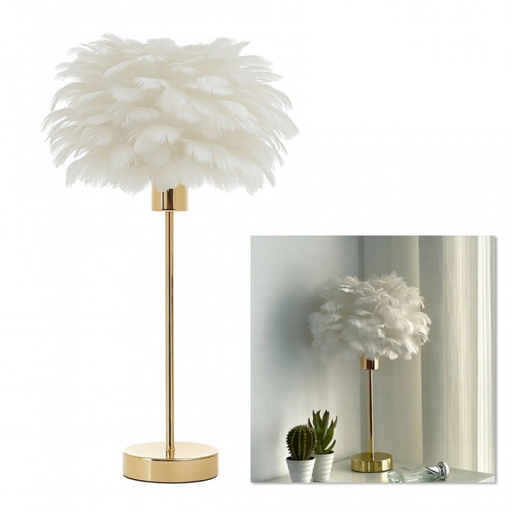 Veioza Ecarla, lampa de masa cu abajur din pene albe, dimmer