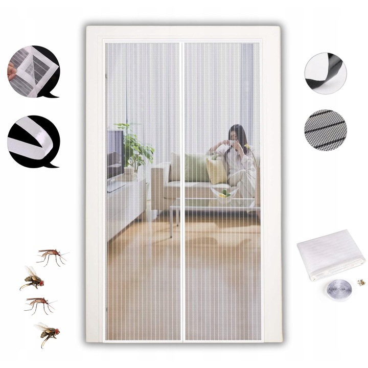 Plasa magnetica, 110x220cm, alb, set cu banda adeziva si pini